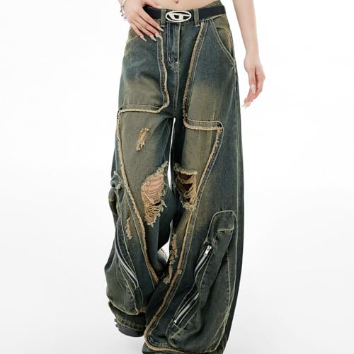Fashion Low Rise Straight Leg Baggy Jeans for Women Casual Vintage Y2K Tie Dye Ripped Wide Leg Denim Pants3