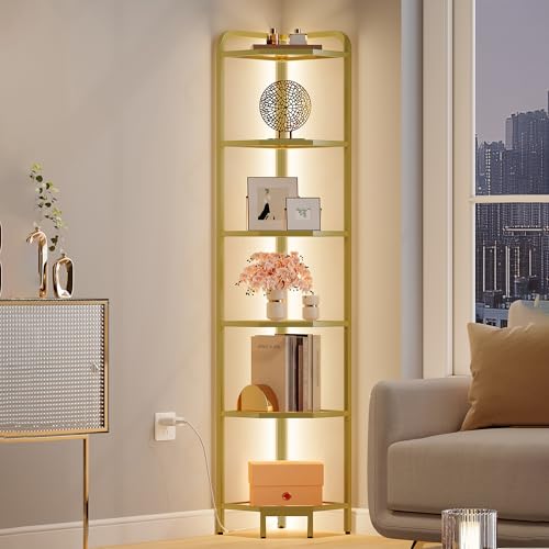 Hzuaneri Corner Shelf with LED Lighting, 6-Tier Glass Bookshelf, Steel