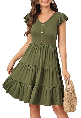 Image of Lamilus Summer Dresses for Women 2026 Ruffle Sleeve V Neck Non-See Through Tiered Babydoll Mini Dress Graduation Beach