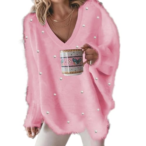 Akivide Womens Oversized Pullover Sweater with Pearls Embellished V Neck Long Sleeve Trendy Dressy Aesthetic Knit Tops