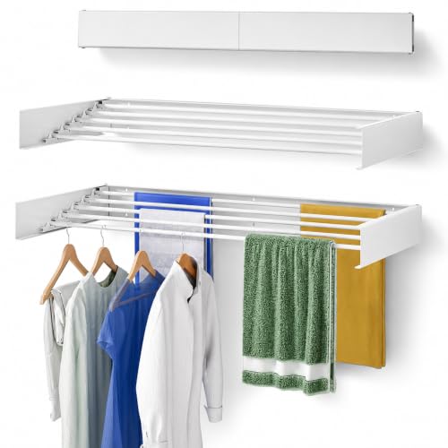 Image of Smart Saver Wall Mounted Drying Collapsible Rack, Clothes Drying Rack, Retractable Wall Drying Rack, 80cm Wide, 4 Aluminum Rods, 28 kg Capacity White