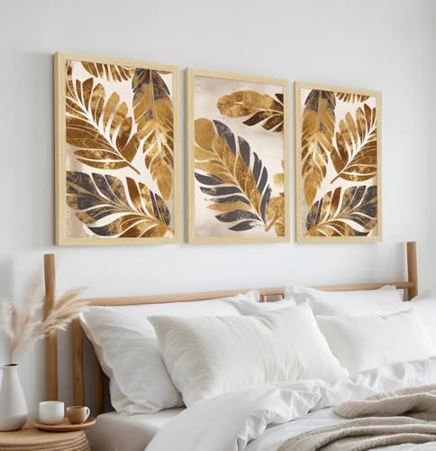 Image of ArtX Paper Leaf Paintings For Wall Decoration, Home Decor Wall Art, Hotel Wall Painting for Living Room, Multicolor, Natural Wood Color Frames, 12.0x18.0 inch, Set of 3