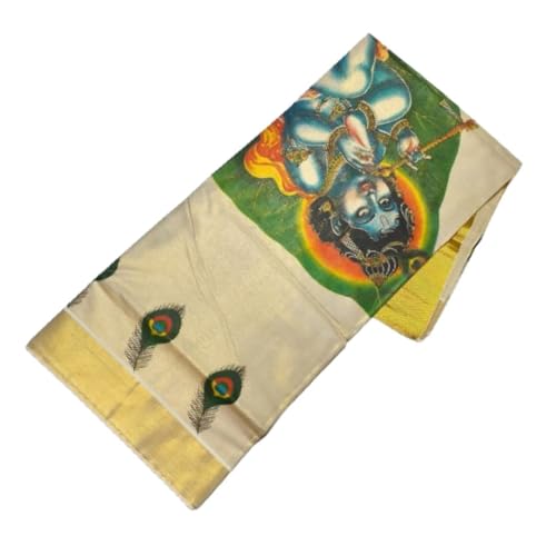 Image of Women's Kerala Kasavu Golden Gold Tissue Saree with Running Blouse Piece | Kerala Onam Saree with Tissue Mural Painted (Saree 5.5 meter, Blouse Piece 0.8 meter)