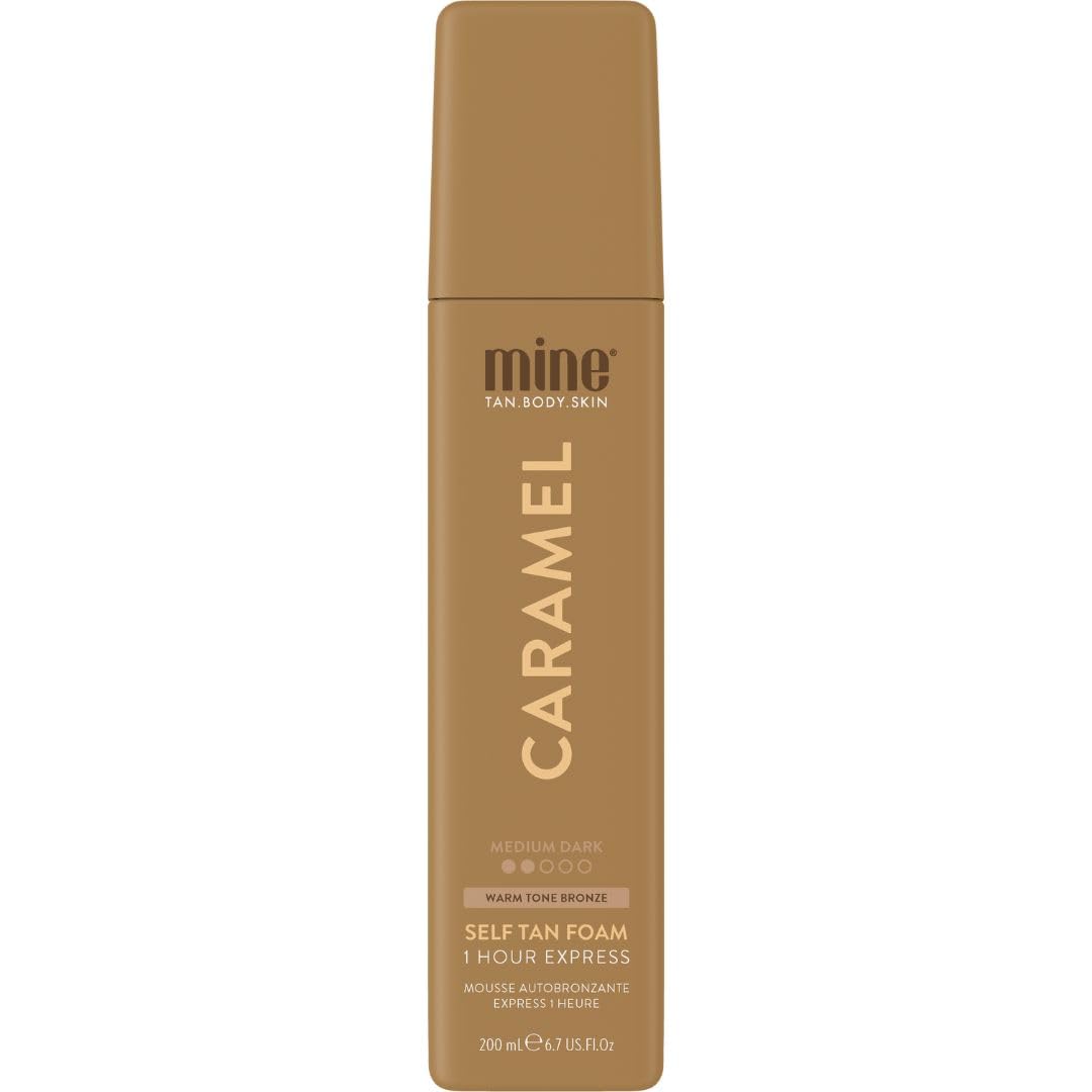 MineTan Caramel Self Tanning Mousse | Color Correcting Collection - 1 Hour Instant Express, Face & Body Fake Tanner, Medium Dark Golden Skin Finish, For Fair & Yellow Undertones, 200 ml