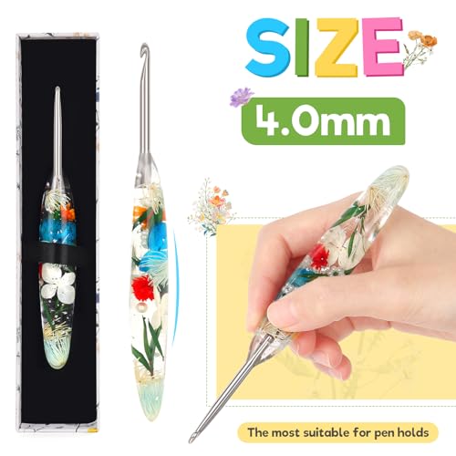 Image of Katech 4.0mm Crochet Hook for Arthritic Hands,Hand-Polished Stainless Steel | Ergonomic Crochet Hooks with Customized Sparkle Dried Floral Grip, Smooth Tapered Hook-Crochet Gift for Beginner & Crocheter