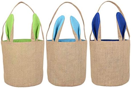 KEFAN 3 Pack Easter Bunny Baskets Jute Burlap Easter Bags with Ears Stand Up 8 x 8 x 9 Inch