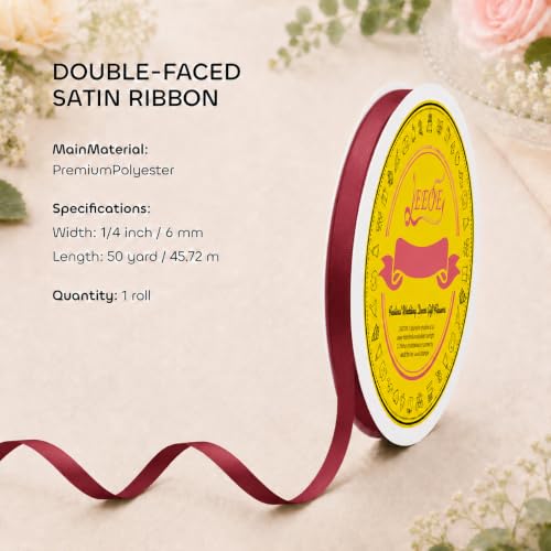 Image of Double Face Sherry Satin Ribbon 1 /4 inch X 50 Yards Polyester Sherry Ribbon for Gift Wrapping Very Suitable for Weddings Party Hair Bow Invitation Decorations and More