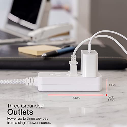 GE Pro 3-Outlet Power Strip with Surge Protection, 8 Ft Designer Braided Extension Cord, Grounded, Flat Plug, 250 Joules, Warranty, UL Listed, Gray/White, 38433