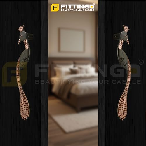 Image of Peacock Design Main Door Handle 15 Inch|Copper Antique Finish Pull Handle| Zinc Alloy Handle for Wooden & Glass Doors |Home, Office & Hotels | Hole-to-Hole 300mm | 3 Years Warranty | Set of 1