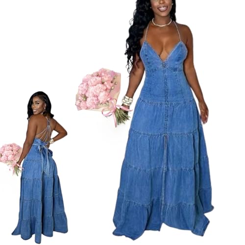 Women's Sexy Halterneck Sleeveless Denim Dress Summer Jean Cross