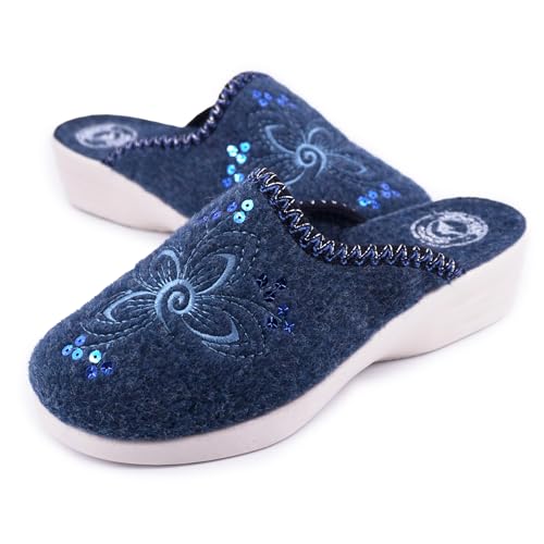 JOMIX Zapatillas de Casa Mujer de Fieltro con Bordado y Lentejuelas Pantuflas Silenciosas Calientes y Ligeras Antideslizantes con Cuña Baja Mule Señora Confort Invierno Ortopédicas ITD2531 Azul 38