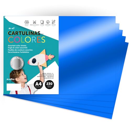 Carton Métallisé Couleur A4 21x29,7cm, 230g Feuilles Cartonnées Grandes, Carton de Couleur pour Loisirs Créatifs, Projets Artistiques et Décorations, Effet Brillant · m-office (50 feuilles, Bleu)