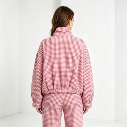 Plaid Bomber Jacket Women Oversized Cropped Funnel Neck Gingham Jacket - image 3