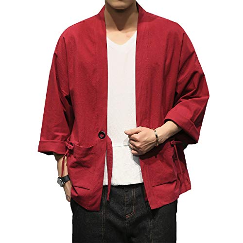 Image of Mens Kimono Cardigan Cotton Linen Japanese Shirt 3 /4 Sleeve Haori Yukata | Skin-Friendly Solid Color Lightweight Shawl Collar Kimono Robe Embroidery Button Tie Pockets Happi Coat All Season Daily Wear