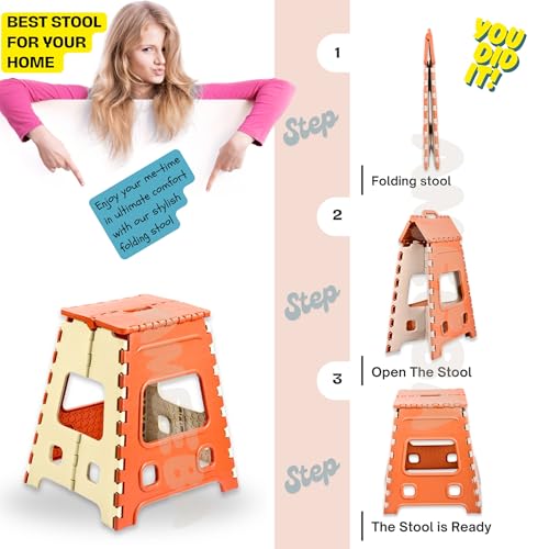 Image of AMEEBA 18 Inch Super Strong Folding Step Stool to Support Adults and Safe Enough for Kids. Opens Easy with One Flip, Great for Kitchen, Bathroom, Bedroom, Kids or Adults (Orange)