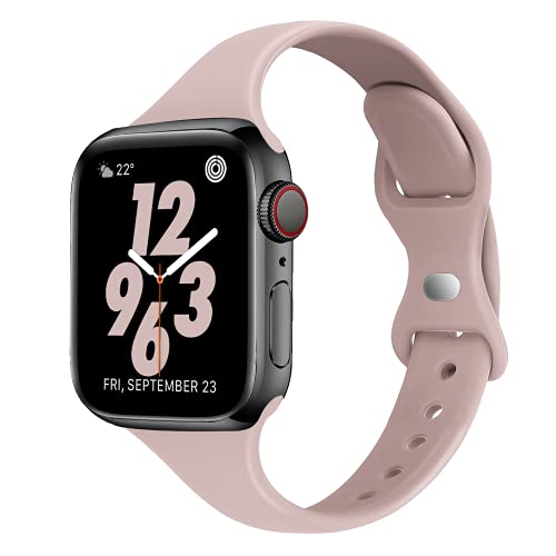 STG Sport Band Compatible with Apple Watch 38mm 40mm 41mm 42mm 44mm 45mm, Soft Silicone Slim Thin Narrow Replacement Strap Compatible for iWatch SE Series 7 6 5 4 3 2 1 (Pink Sand, 42mm 44mm 45mm)