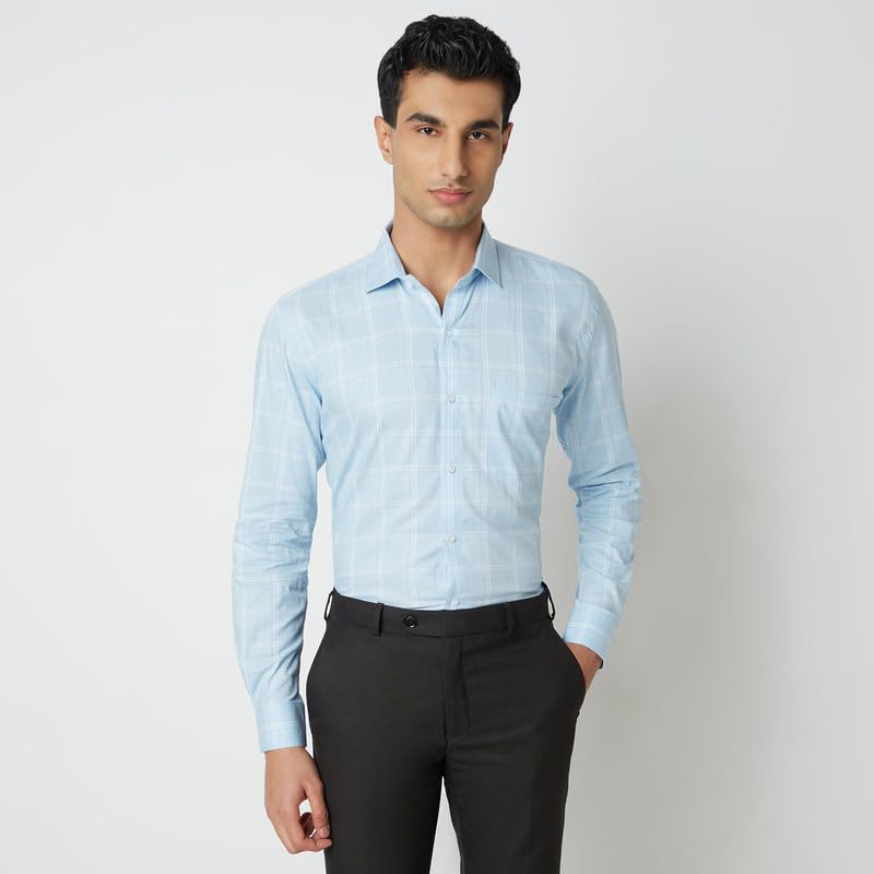 Image of MARK & ALBERT 100% Cotton Full Sleeves Regular Fit Formal Shirt for Men Blue