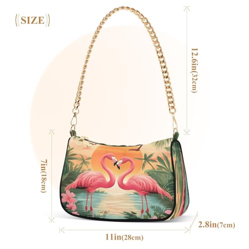 Tropical Two Pink Flamingos Shoulder Handbags for Women Travel Hobo Tote Handbag Women Gold Chain Shoulder Bags Purse with Zipper Closure3