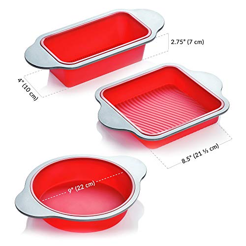 Silicone Baking Pans Set. 3 PCS Professional Silicone Non-Stick Baking Cake Pans Set by Boxiki Kitchen. Includes Silicone Round Cake Pan, Square Cake Pan and Bread Loaf Pan.