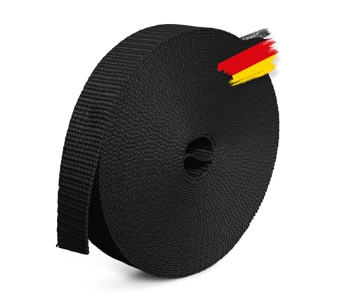 BAUHELD® 10m Universal Gurtband 25mm [Made in Germany] - Gewebe Montage-Band aus Polypropylen - Gurt zum Befestigen, Nähen oder Zubehör für Rucksack, Koffer, Steck-Schnalle, Spannriemen - Schwarz