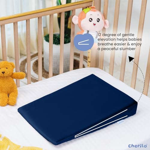 Image of Cherilo Wedge Pillows for Bed - Standard Elevated Baby Crib Wedge Pillow with Removable Velvet Cover, 12-Degree Incline for Acid Reflux, Colic & Respiratory Comfort, 14 inch x 19 inch x 3 inch, Navy Blue