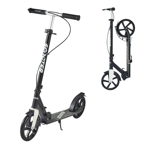 VEVOR Patinete a Niños a Partir de 8 Años, 2 Ruedas, con Manillar Regulable en Altura y Base Antideslizante, Freno Mano, Marco de Aleación Aluminio, hasta 100 kg, Negro Plata, 900 x 380 x 1000 mm