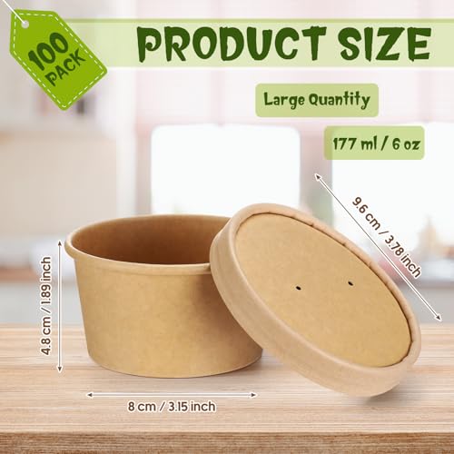 Image of Fulmoon 6 oz 100 Pack Paper Containers with Lids Soup Bowl Cup, Brown | Disposable Ice Cream Cup, Kraft Food Containers with Vented Lid Stackable for Hot Soup Dessert Cake Fruit Microwave Takeout