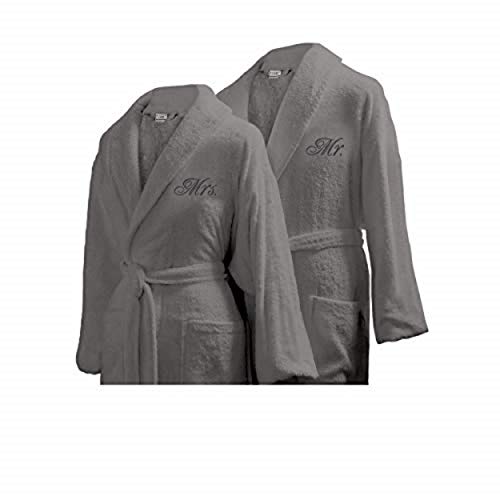 Luxor Linens Terry Cloth Bathrobes Egyptian Cotton Mr. and Mrs. Bathrobe Set Luxurious, Soft, Plush Durable Set of Robes (Mr. & Mrs, with Monogram, Light Grey)
