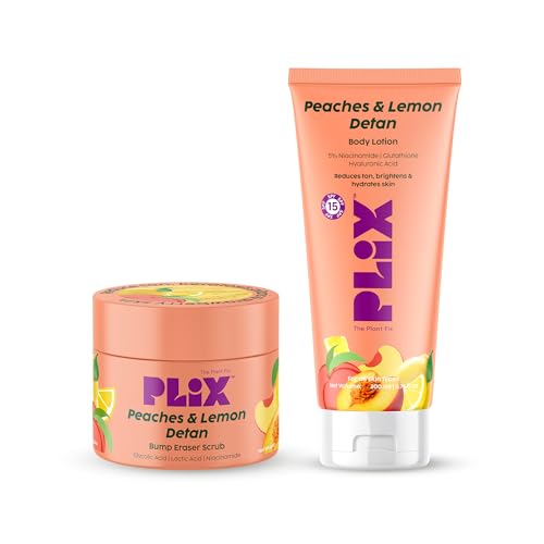 Image of PLIX - THE PLANT FIX | Peaches & Lemon Detan Bump Eraser Scrub (200g) & Detan Body Lotion SPF 15 (200ml) | Removes Tan & Restores Skin's Moisture, Reduces Dark Spots, Uneven Skin Tone
