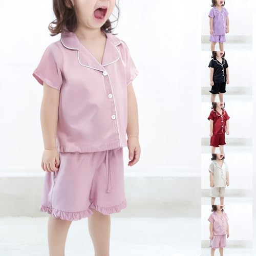 Girls Satin 𝐏ajamas 𝐒ilk 𝐏a𝐣ama Set Short Sleeve Button Down Shirts + Ruffle Hem Shorts Summer Outfits Loung𝐞wear4