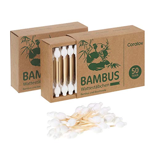 Coralov Baby Cotton swabs - Safety Ear Swabs for Babies and Children made with Organic Non-Chlorine Bleached Cotton for a Gentle Clean, Biodegradable Cotton Buds 50 ct (Pack of 2)