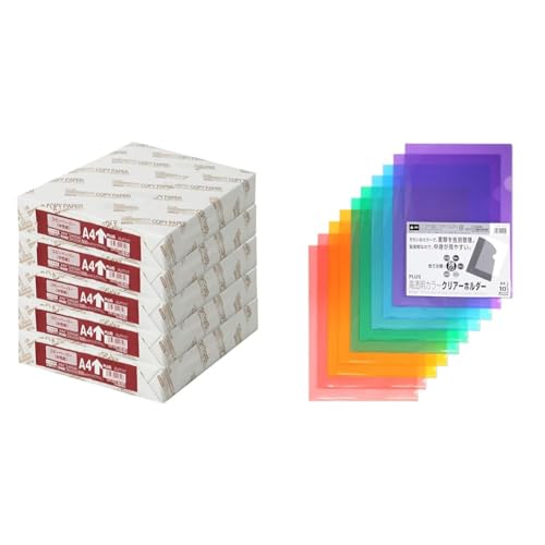 【セット品】プラス コピー用紙 A4 白色度82% 紙厚0.09mm 2500枚 (500×5) 56001×5 + クリアホルダー A4 10枚パック 高透明カラー 5色セット