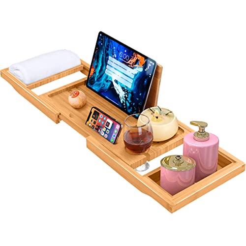 ADOV Pont de Baignoire Extensible, Naturel Bois Bambou Plateau Baignoire avec Bougie, Verre, Livre, Tablette et Téléphone Titulaire, Antidérapante Etagère...
