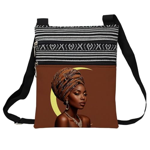 African American Messenger Bag Small Ethnic Pattern Printed Adjustable Strap Crossbody Zipper Pouch Brown Moon Phone Organizer Wallet Cute Shoulder Handbag for Black Women