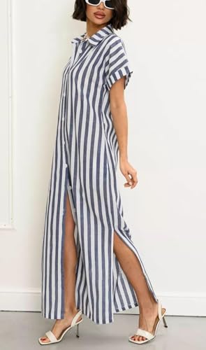 Image of utcoco Women's 2025 Striped Short Sleeve Cotton Maxi Shirt Dress Belted Side Slit Button Down Dress with Pockets