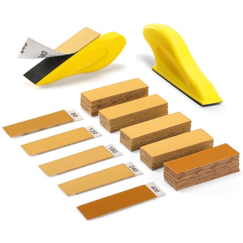 POLIWELL 100 Pcs Hand Sander Kit, 3.5” x 1” Mini Micro Sander for Small Projects, Detail Finger Sanding Block Tools, 80 120 180 240 400 Grit Wet Dry Sandpaper Sheets for DIY Crafts Wood Plastic