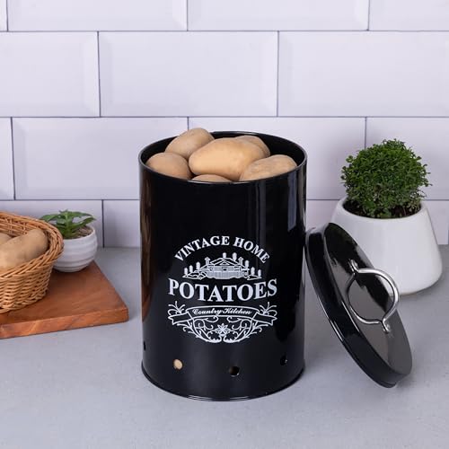 Image of Metallure Home Round Classic Kitchen Storage Containers | Set of 3 Metal Jars With Lid | Potato, Onion & Garlic (Food Safe) (Black)