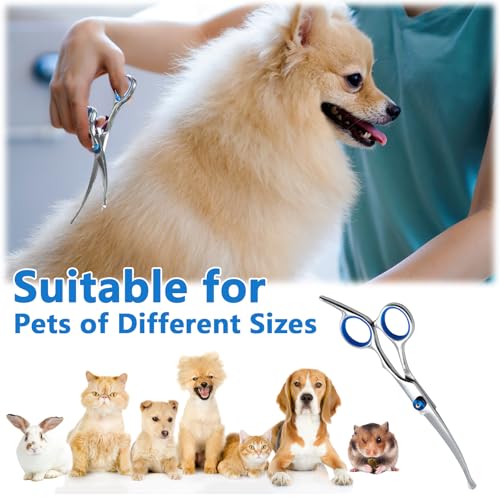 Hundeschere Gebogen, Hunde Schere für Hunde und Katzen, Edelstahl Fellschere Hunde Sicherheit Runde Spitze, Profi Hundehaarschere mit Einstellbare Schraube (Gesamtlänge 17cm)