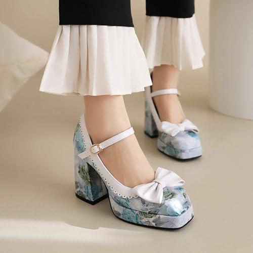 Aflngle Women's Bow Floral Print Mary Janes Shoes Square Toe Low Closed Platform Chunky Block Heel Ankle Strap Buckle Wedding Party Prom Dress Pumps2
