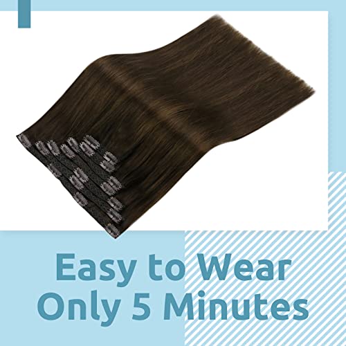 Fshine Clip in Hair Extensions Human Hair Darkest Brown Fading to Light Brown Highlight Darkest Brown Double Weft Real Human Hair Clip in Extensions 14 Inch 7pcs/120g Hair Extensions Clips - Image 4
