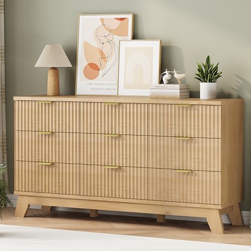 Image of Fluted Dresser for Bedroom with 9 Drawers, 57 inch Wide Modern Chest of Drawers with Metal Handle, Wooden Dresser TV Stand, Wood Closet Clothes Storage Organizer for Living Room, Hallway, Natural Oak