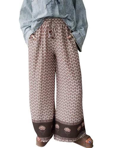 Womens Wide Leg Printed Pants with Stretch Drawstring Waist and Side Pockets Boho Lounge Casual Trousers(Khaki-L)