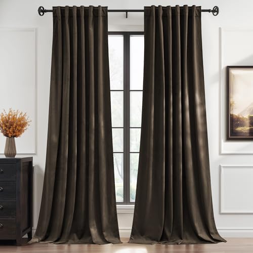Image of StangH Brown Velvet Curtains 96 Inch Length, Elegant Espresso Drapes for High Ceiling Living Room, Soundproof Room Darkening Window Decor with Back Tab & Hook Belt, W52 x L96, 2 Panels