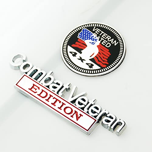 Image of Set of 2 Combat Veteran Edition & 4x4 Rated Metal Automotive Emblem 3D Decal Badge Nameplate for Universal car Truck (Chrome Red)