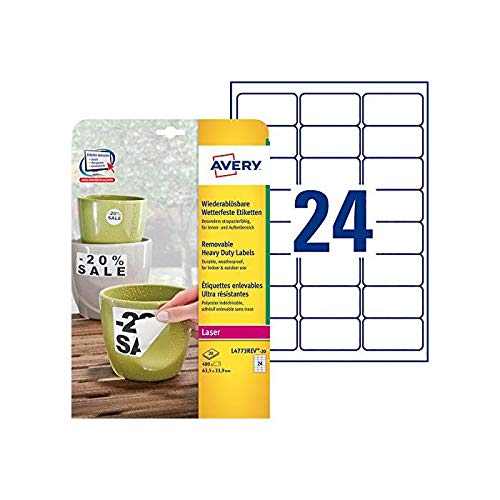 Avery Zweckform - Lote de 5 cajas 480 etiquetas de poliéster resistentes y reposicionables 63,5 x 33,9 mm, color blanco