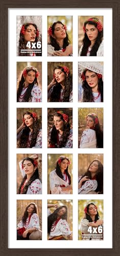 Image of DUENPY 14x32 Picture Frame 4x6 Collage Picture Frame Displays Fifteen 4x6 inch Photos Collage Wall Decor Wall Hanging Walnut