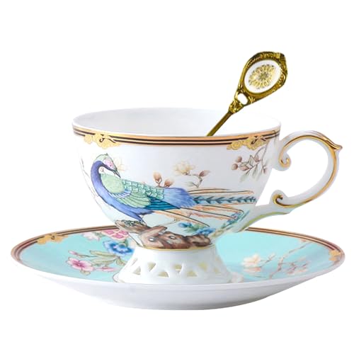ACMLIFE Bone China Tea Cup and Saucer Set - Bone China Tea Coffee Cup and Saucer Set for 1 Luxury Fine China Tea Cup Set for One Blue Vintage Teacups and Saucers for Women Tea Party or Gift Giving