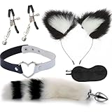 SMグッズ アナルプラグ 尻尾 アナルグッズ 狐耳カチューシャ 乳首クリップ 首輪 かわいいハート型 アナル調教 初心者 アナル拡張 アナル調教 狐 猫 獣耳 5点セットコスプレアイマスク付け (ブラックホワイト)