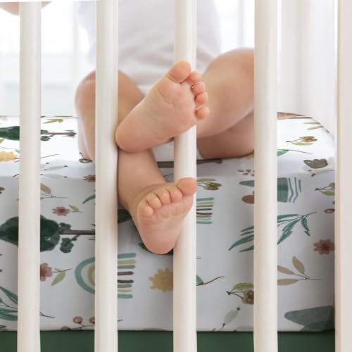 Image of Spring Animals Fitted Baby Crib Sheet for Boys Girls 52 inchx28 inch Bear Deer Bunny Birds Trees Flower Leaves Soft Stretchy Nursery Bed Sheets Fits Standard Crib and Toddler Bed Mattresses