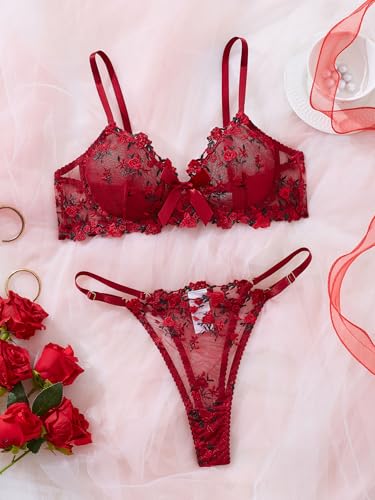 Image of Sexy Floral Embroidered Flower Mesh Underwire Push Up Lingerie Set